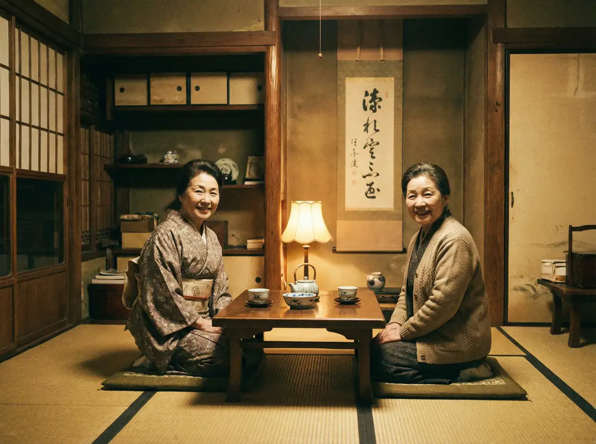 两位优雅的 博天堂平台 在日式茶室中品茶交谈